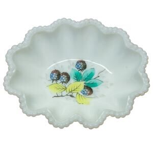 Vintage Milk Glass WESTMORELAND Dish Beaded Edge Hand-Painted Berry Design
